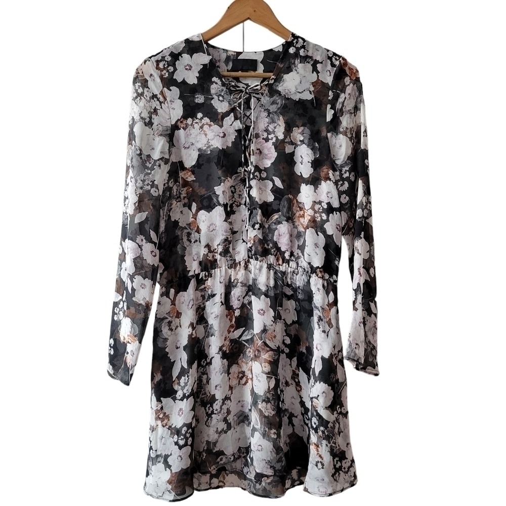Intermix Black Floral Lace Up Silk Dress